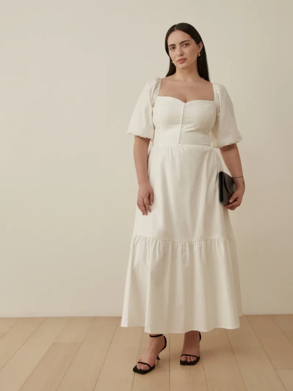 New Reformation Cream Puff-Sleeve Square-Neck Maxi Dress